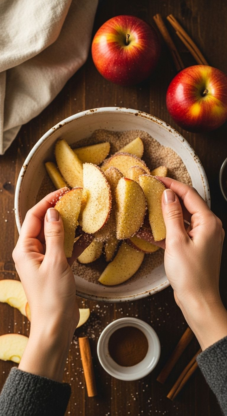 Hands tossing freshly sliced apple wedges with cinnamon-sugar in a rustic white ceramic bowl, with whole apples and a dish of cinnamon on a wooden countertop.
