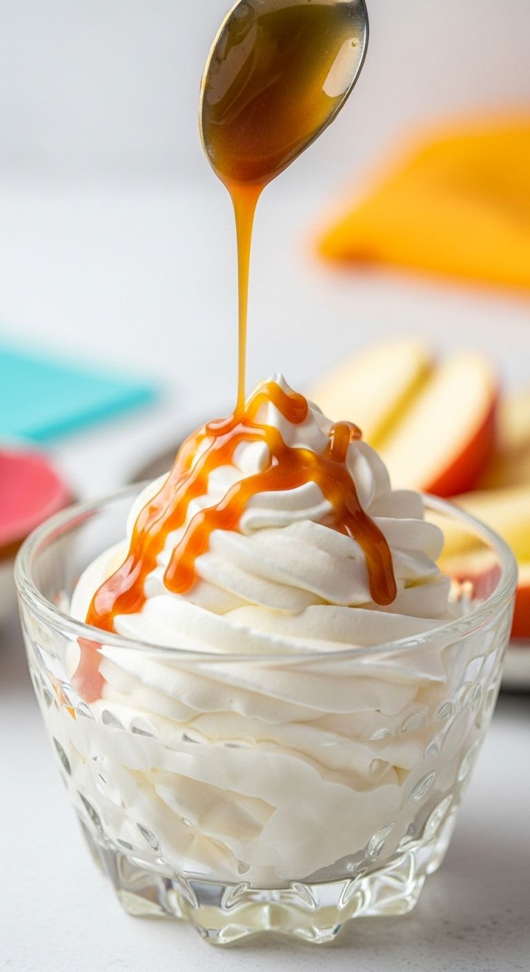 Close-up of a glass bowl filled with fluffy caramel whipped cream, with a spoon creating a swirl and caramel sauce being drizzled on top, with apple wedges in the blurred background.