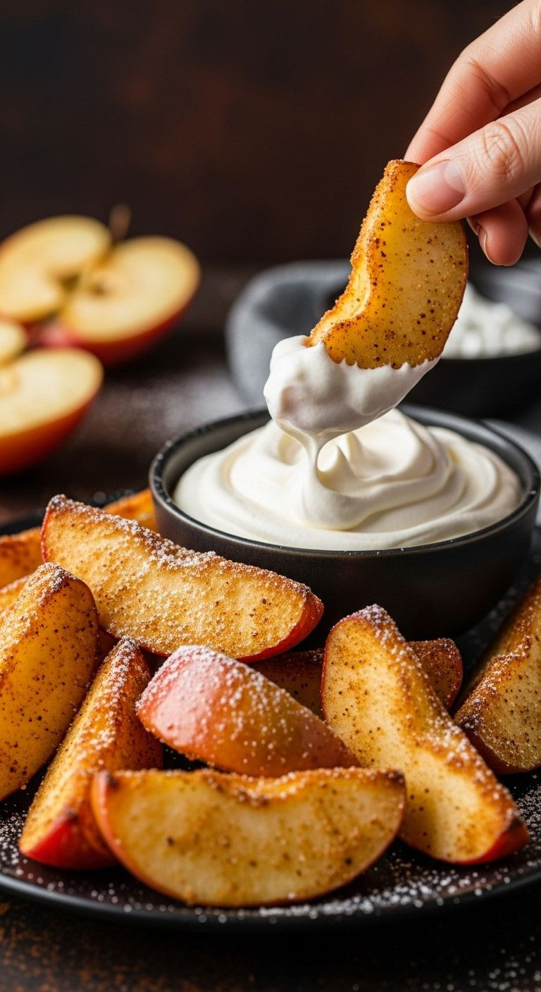 Golden-brown crispy air-fried apple wedges on a dark plate, with one wedge being dipped into caramel whipped cream and a light dusting of powdered sugar.