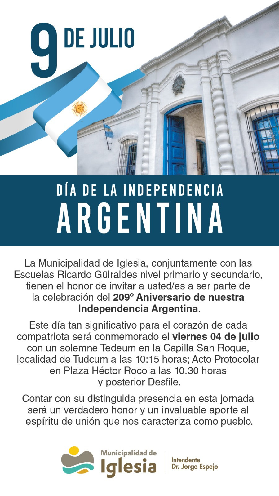 IGLESIA: invita a los 209° Aniversarios de la Independencia Argentina