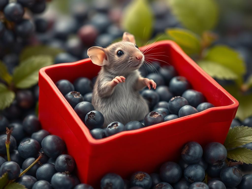A red box of blue berries with a rat dancing inside