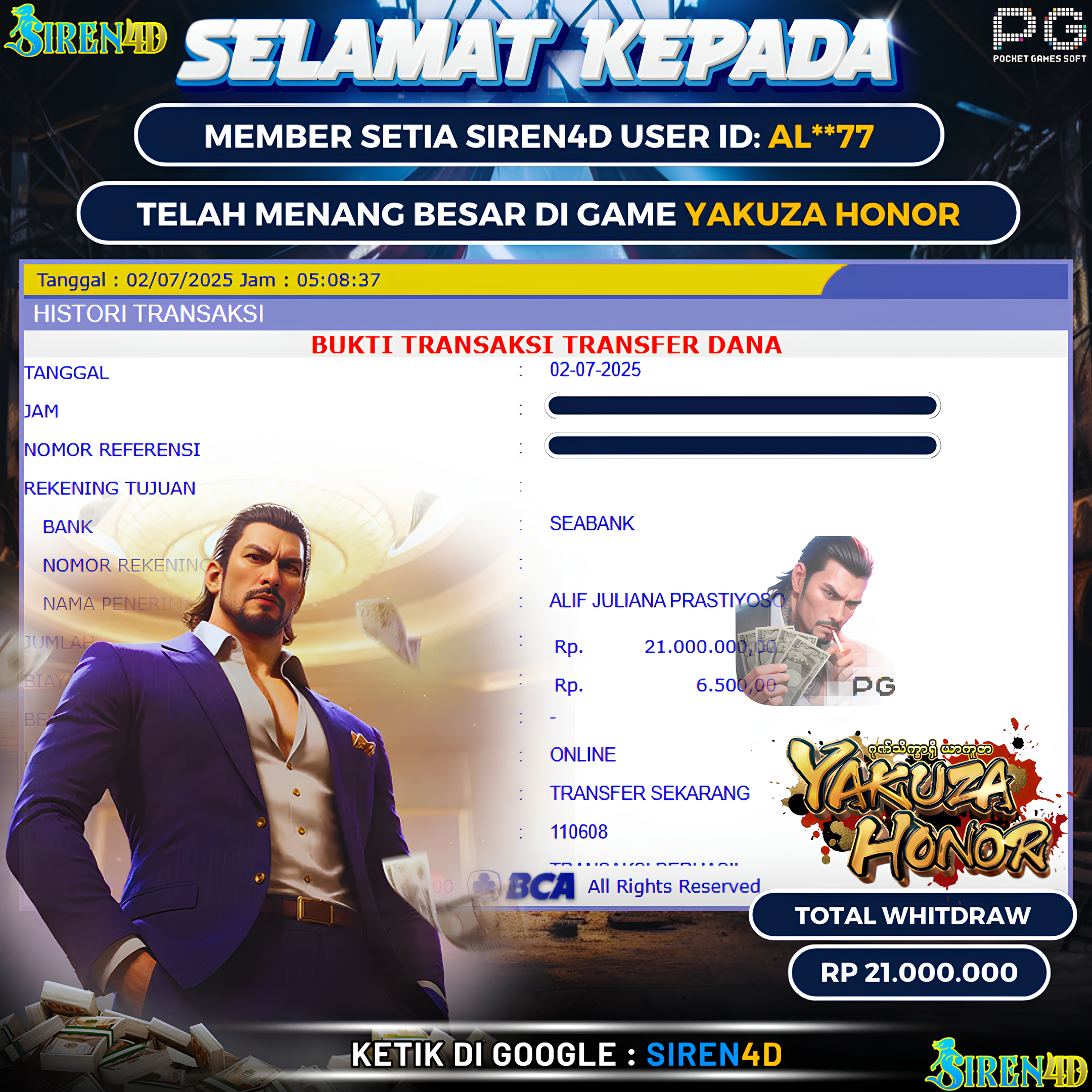 SIREN4D  - JACKPOT DI GAME SLOT YAKUZA HONOR RP 21JT DIBAYAR LUNAS
