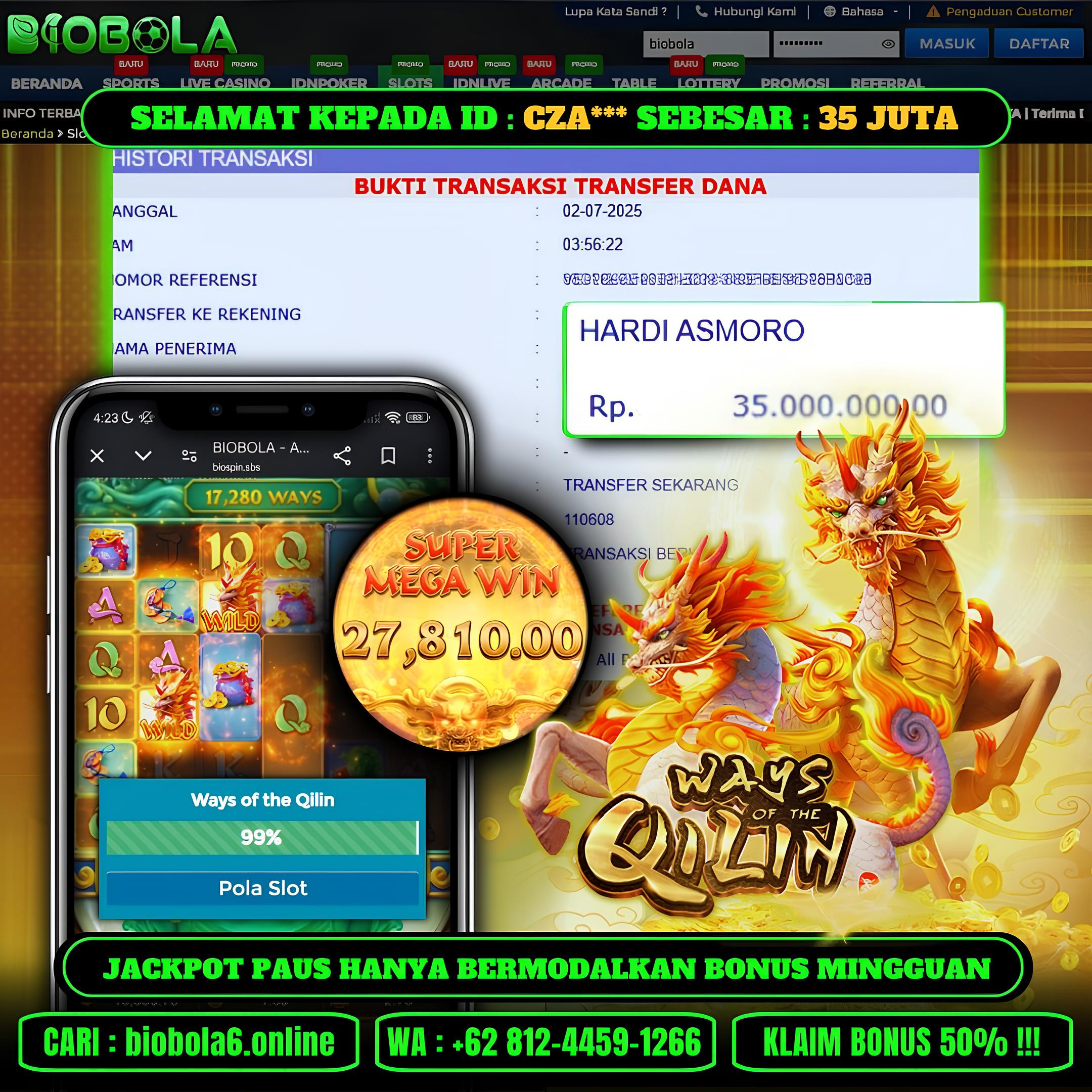 BIOBOLA  - JACKPOT DI GAME SLOT WAYS OF THE QILIN RP 35JT DIBAYAR LUNAS