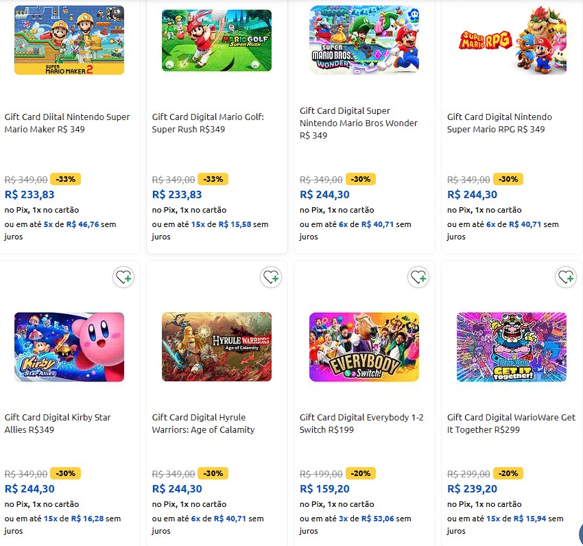 Gift Card Digital Nintendo Super Mario R$ 349