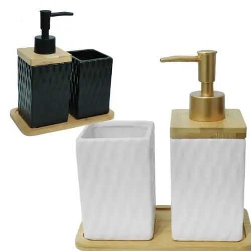 Kit Banheiro Lavabo Bambu Bandeja Porta Escova Sabonete 3 Peças Porcelana Decoração 30.webp