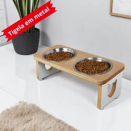 Comedouro Elevado Duplo Gato Pet MDF Linha Básica Amadeirado 30.webp
