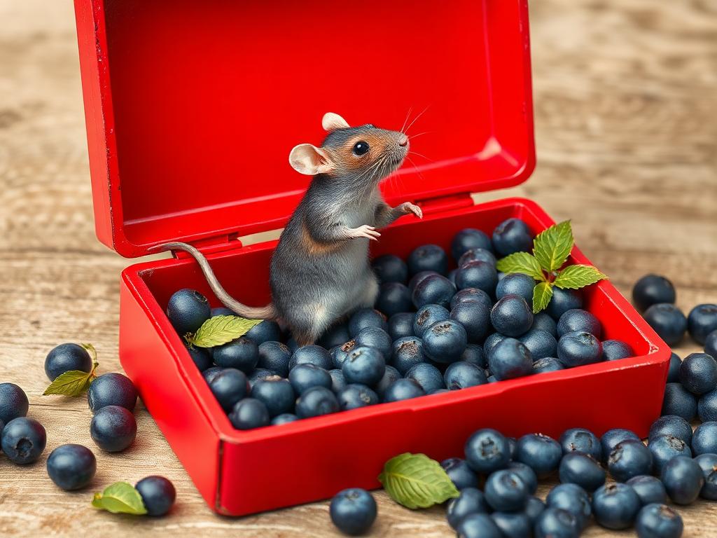 A red box of blue berries with a rat dancing inside