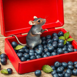 www.naked-ai.art - A red box of blue berries with a rat dancing inside