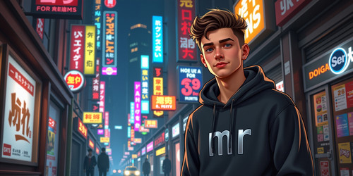 A realistic portrait of a young adult named Mr Burns wearing a charcoal hoodie with the initials mr .jpg