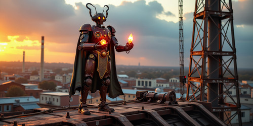 A steampunk style extremely rusty robot standing tall in a heroic pose on a crumbling industrial pla.jpg