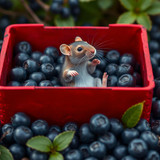 www.naked-ai.art - A red box of blue berries with a rat dancing inside