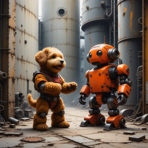 A whimsical scene of Big Belly Bob BBB a plush labradoodle with an enormous bouncy belly and Retro R.jpg