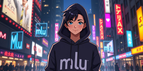 A stylized digital portrait of a young adult named Mlu wearing a dark hoodie emblazoned with the bol.jpg