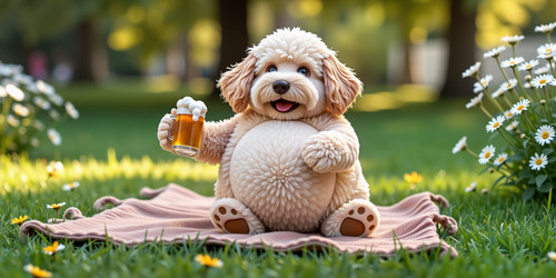 Big Belly Bob a plush labradoodle with an absurdly large spherical belly sitting on a cozy rug holdi.jpg