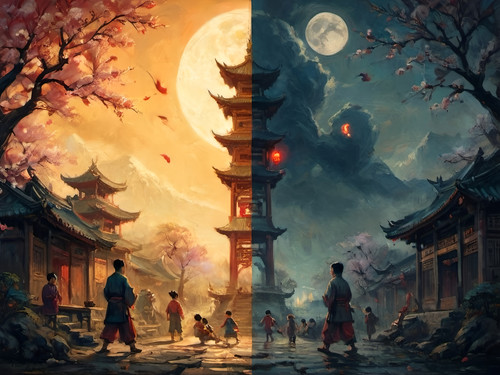 openart split screen illustration of a tang dynasty village left side daylight war (1).jpg