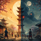 openart split screen illustration of a tang dynasty village left side daylight war (1)