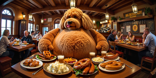 Big Belly Bob BBB a plush labradoodle with absurdly large spherical belly usually sitting like a ted.jpg