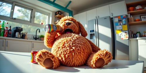 Big Belly Bob BBB a plush labradoodle with absurdly large spherical belly usually sitting like a ted.jpg
