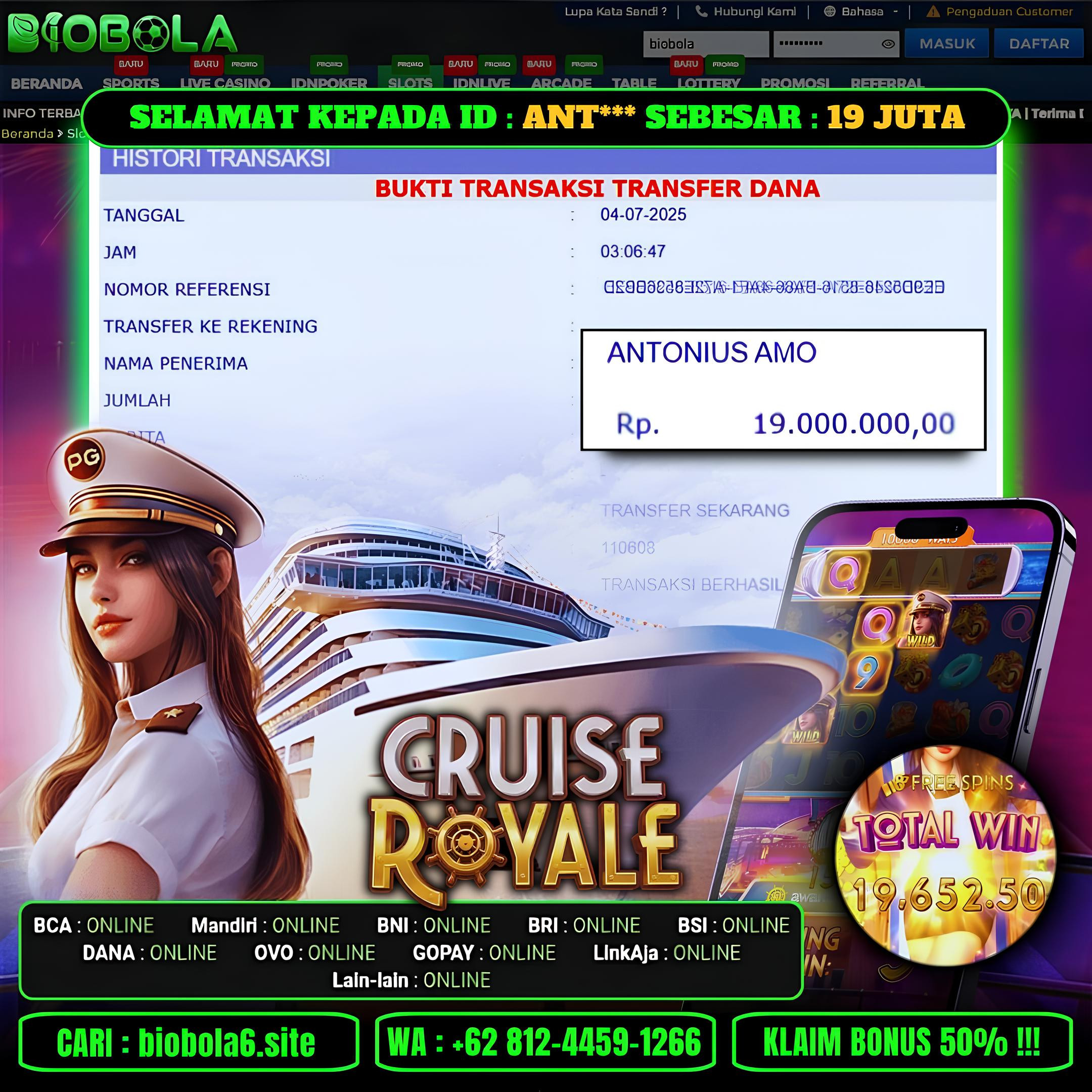 BIOBOLA  - JACKPOT DI GAME SLOT CRUISE ROYALE RP 19JT DIBAYAR LUNAS