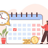 Flat personal financial bill payment calendar. Woman check pay schedule or payroll. Tax, loan, deadl