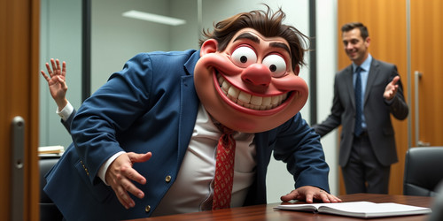 Big Belly Bob BBB is depicted as a sycophant with exaggerated features that convey insincere flatter.jpg