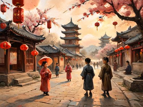 openart a tranquil tang dynasty village at golden hour cobbled streets lined with .jpg