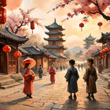 openart a tranquil tang dynasty village at golden hour cobbled streets lined with 