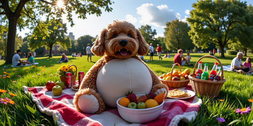 Big Belly Bob BBB a plush labradoodle with absurdly large spherical belly usually sitting like a ted.jpg