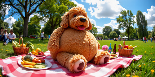 Big Belly Bob BBB a plush labradoodle with absurdly large spherical belly usually sitting like a ted.jpg