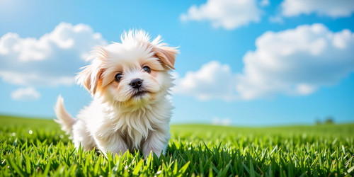 The image features a fluffy white puppy with big sparkling eyes and a playful expression The puppy i.jpg