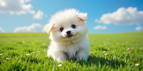 The image features an adorable fluffy white puppy with big sparkling eyes and a playful expression T.jpg