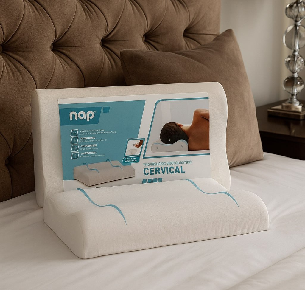 Nap Travesseiro Nasa Ortopédico Cervical D40 12/10cm de altura Suporte ergonômico com tratamento Alergo Free Anti ácaro, anti fungo e anti bactéria para fronhas 50x70cm – Bege