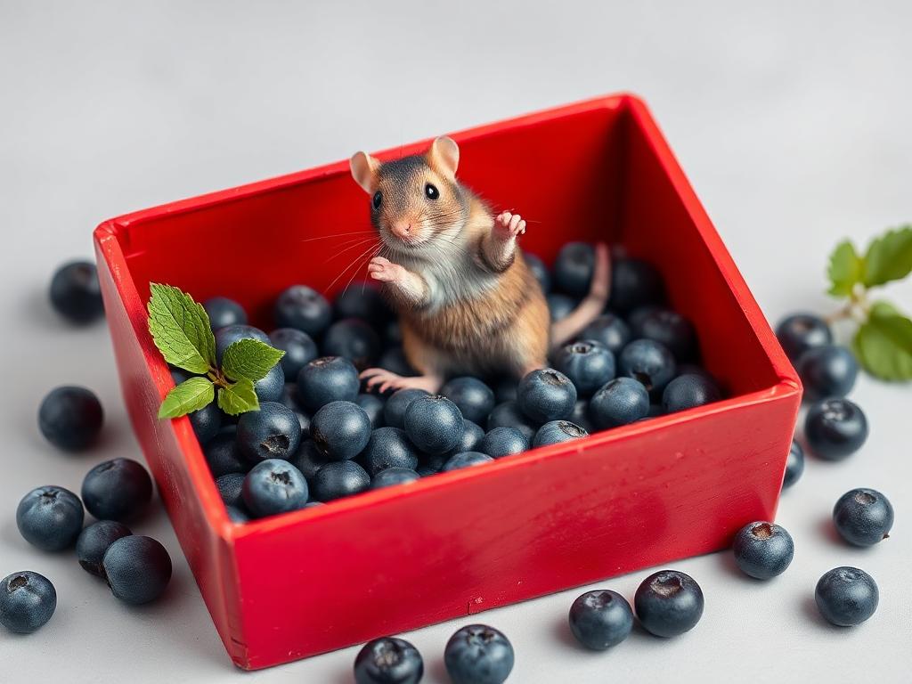 A red box of blue berries with a rat dancing inside