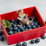 www.naked-ai.art - A red box of blue berries with a rat dancing inside