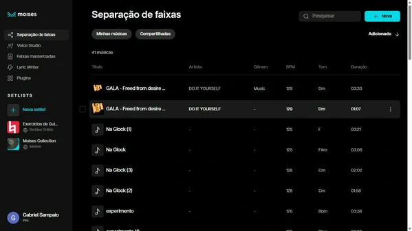 Interface da ferramenta Moises