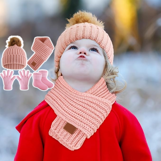 Conjunto de 4 peças para crianças, gorro e cachecol, luvas de malha, conjunto quente de inverno para meninos e meninas, rosa, kids size Conjunto de 4 peças para crianças, gorro e cachecol, luvas de malha, conjunto quente de inverno para meninos e meninas, rosa, kids size