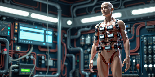 The image features a human body depicted as a storage device using vacuum tube flip flops The body i.jpg