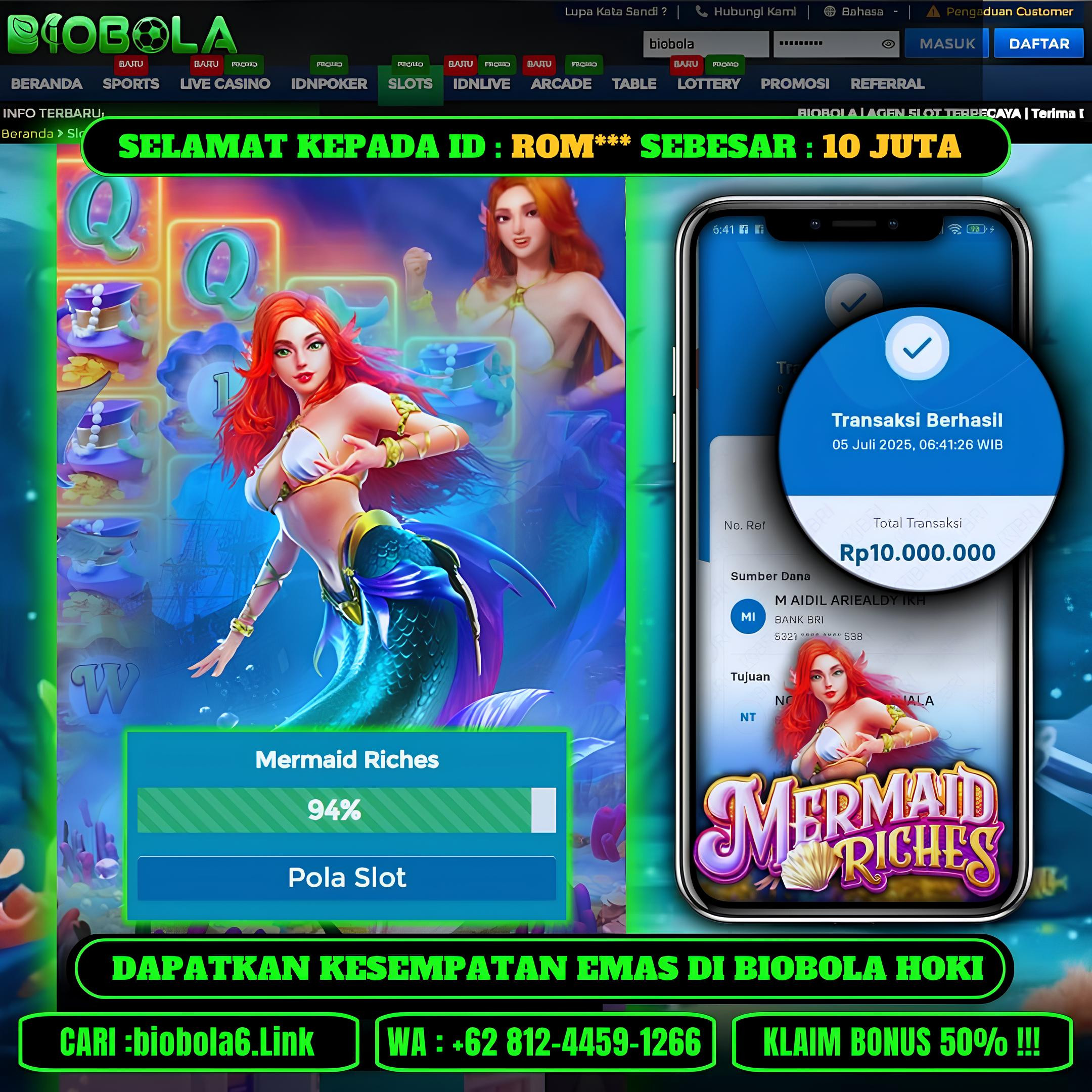BIOBOLA  - JACKPOT DI GAME SLOT MERMAID RICHES RP 10JT DIBAYAR LUNAS