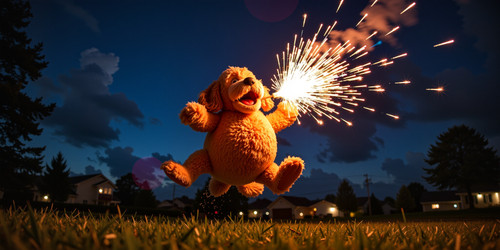 The image captures a lively and festive nighttime scene featuring Big Belly Bob BBB a plush labradoo.jpg