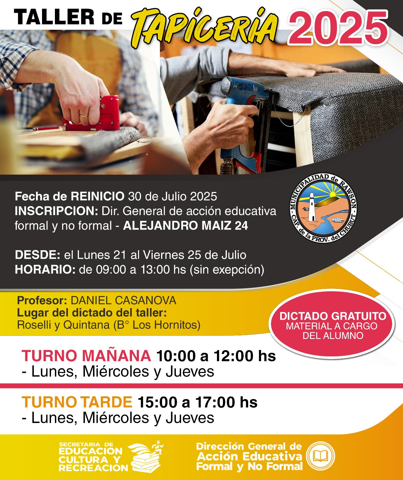 Rawson reabre las inscripciones para el taller gratuito de tapiceria con nueva modalidad horaria