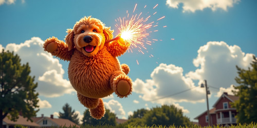 The image captures a lively and festive scene featuring Big Belly Bob BBB a plush labradoodle with a.jpg