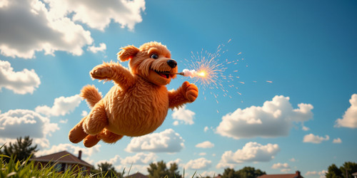 The image captures a lively and festive scene featuring Big Belly Bob BBB a plush labradoodle with a.jpg