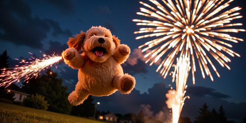 The image captures a lively and festive nighttime scene featuring Big Belly Bob BBB a plush labradoo.jpg