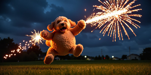 The image captures a lively and festive nighttime scene featuring Big Belly Bob BBB a plush labradoo.jpg