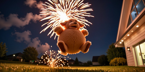 The image captures a lively and festive nighttime scene featuring Big Belly Bob BBB a plush labradoo.jpg
