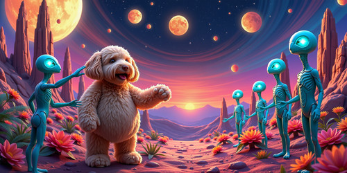 The image captures a whimsical and imaginative scene featuring Big Belly Bob BBB a plush labradoodle.jpg