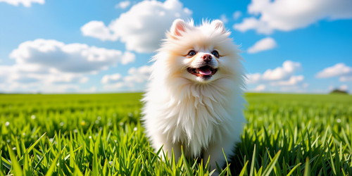 The image features an adorable fluffy white Pomeranian dog standing in a lush green field The dog s .jpg