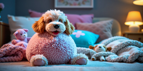 The image features Big Belly Bob BBB a plush labradoodle with an absurdly large spherical belly depi.jpg