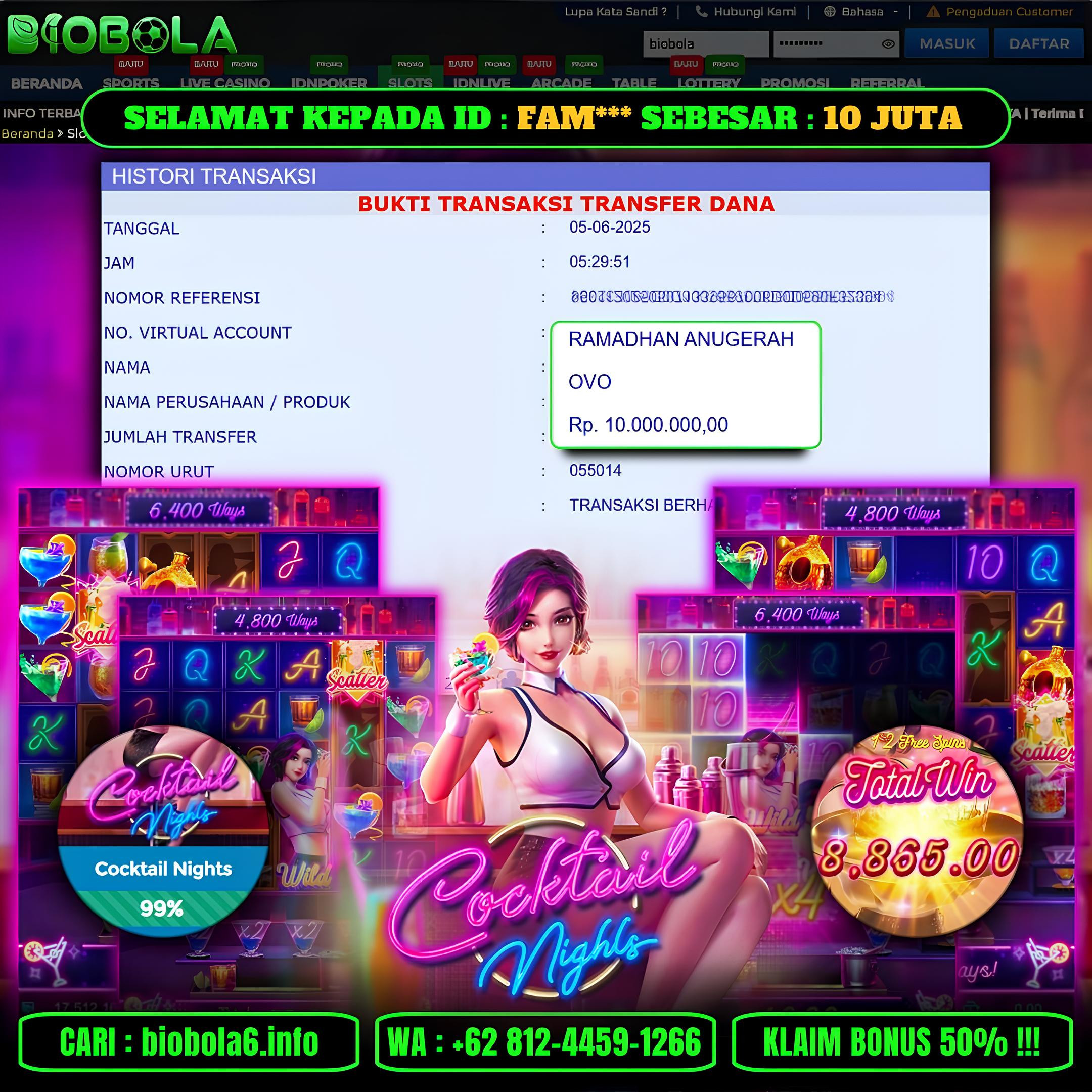 BIOBOLA  - JACKPOT DI GAME SLOT COCKTAIL NIGHT RP 10JT DIBAYAR LUNAS