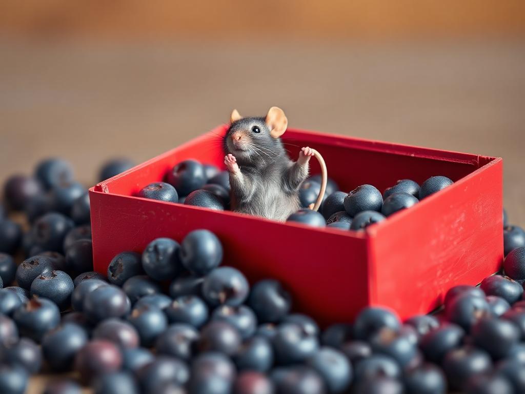 A red box of blue berries with a rat dancing inside